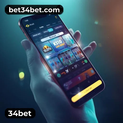 App 34bet para iOS e Android — interface mobile, login biométrico e PIX integrado